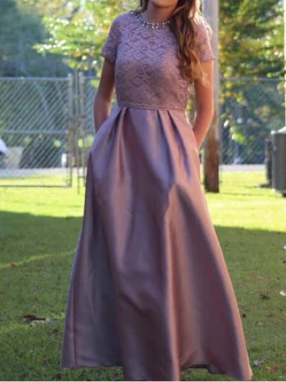 Lace Bodice Satin Skirt Evening Dress in Dusty Mauve